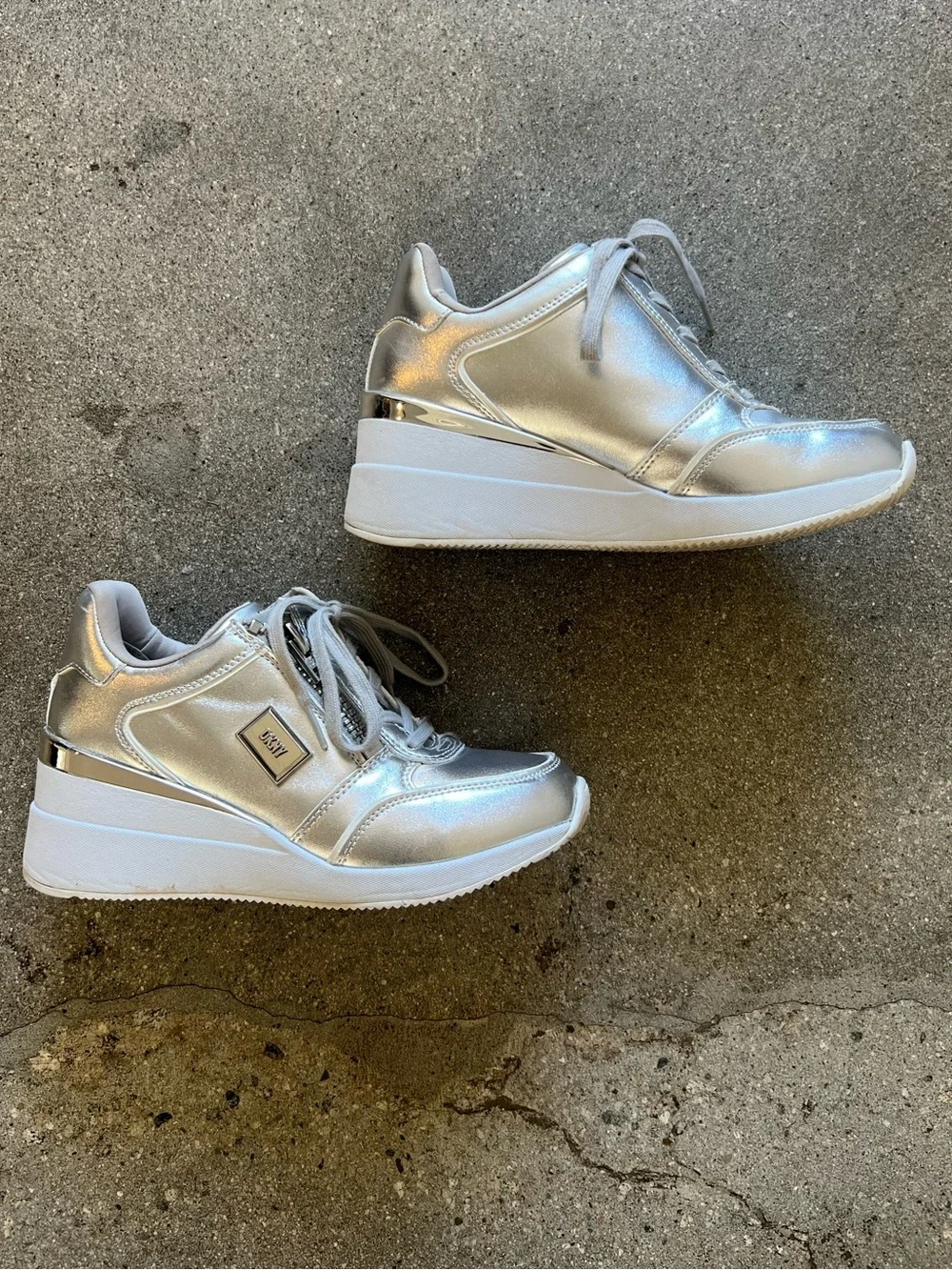 DKNY Metallic Silver Wedge Sneaker - Women